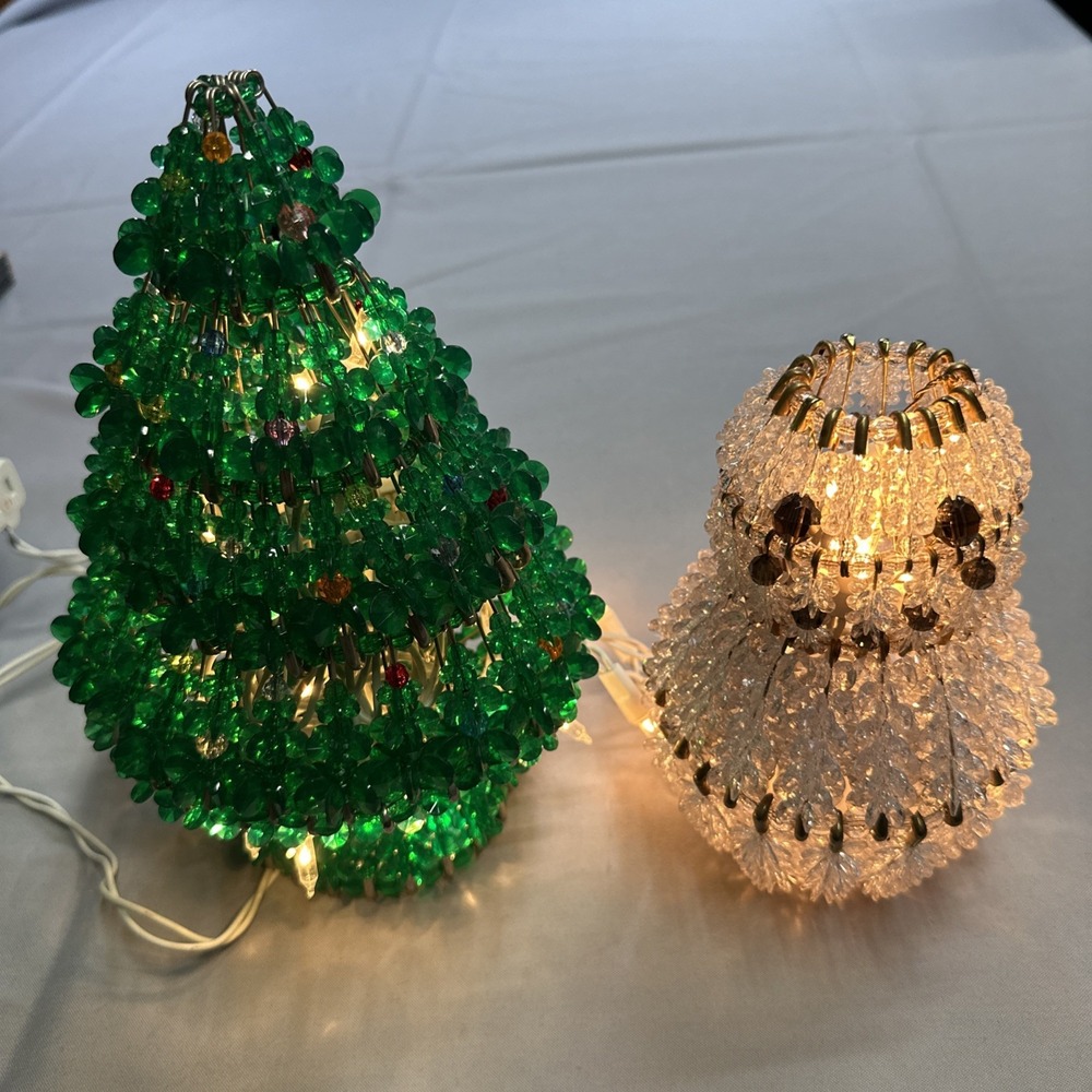 Vintage Beaded Safety Pin Christmas Trees 9in & Snowman With Lights